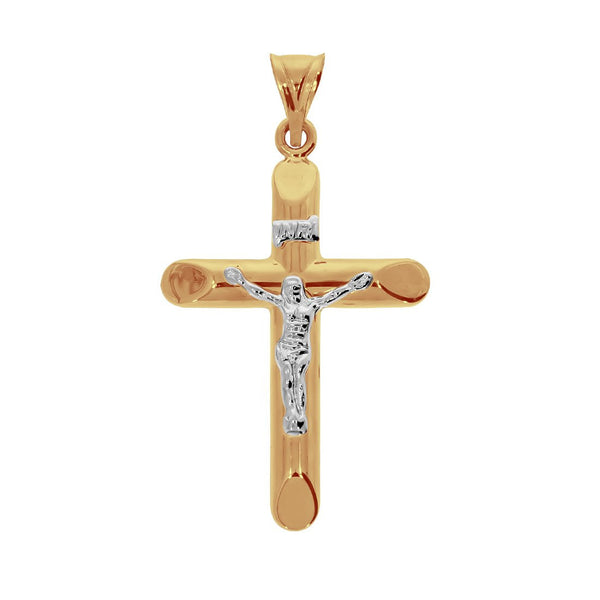 Cruz Oro Amarillo 10k con Cristo Blanco, Forma Tubo, Alto 5.5 cm, Ancho 3 cm - Infiniti Joyas