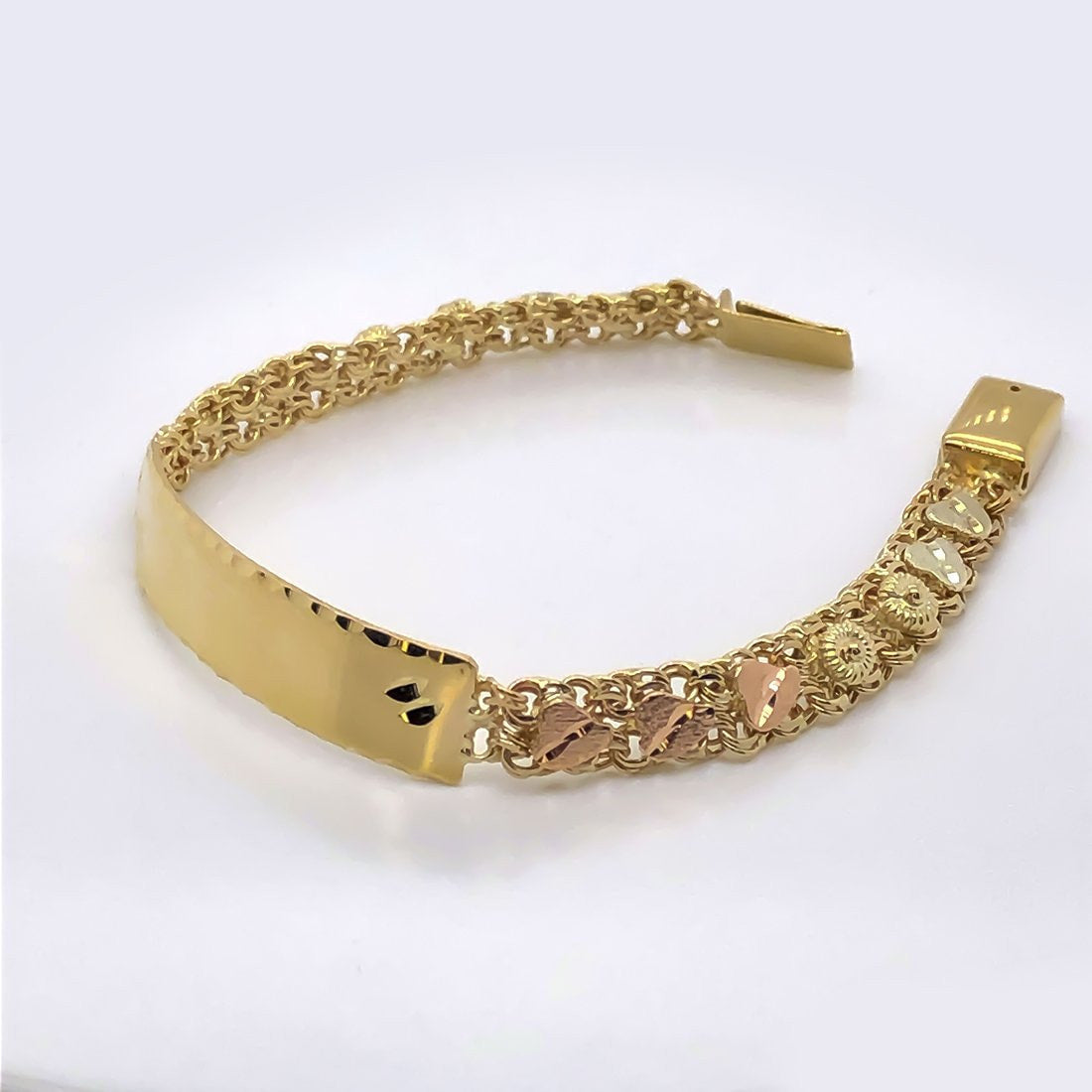 Esclava China Oro 10k, 2 hilos Corazón y rocio, 14 cm Largo, Ancho 6 mm, Oro 10k - Infiniti Joyas