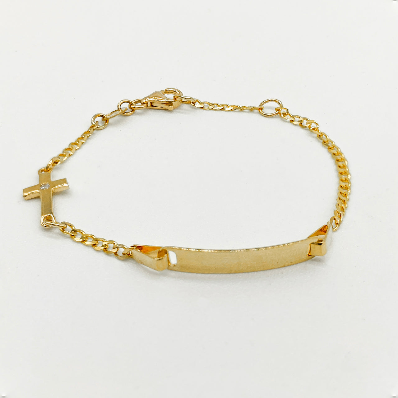 Esclava Oro 14k - Placa con Cruz, Ajustable de 12 a 14 cm