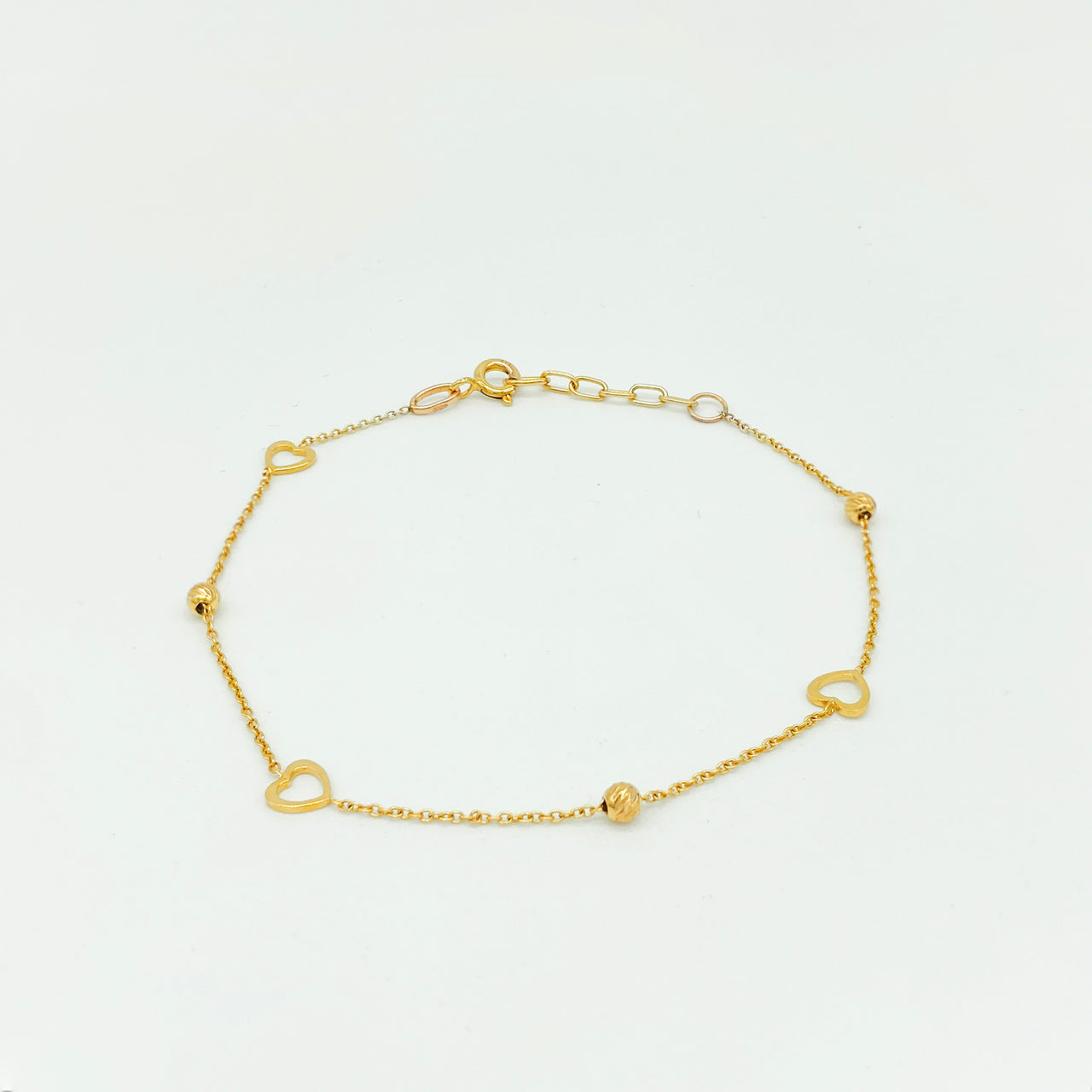 Pulsera Oro 10k - Corazones y Bolas de 17-19 cm Ajustable
