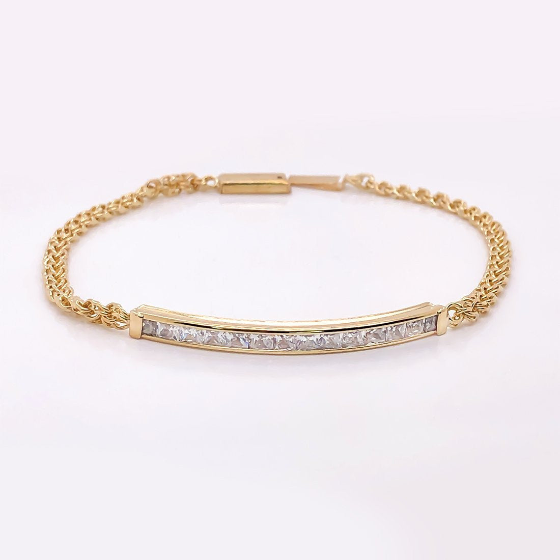 Esclava China Placa con Zirconias, 19 cm Largo, Ancho 3.5 mm, Oro 10k - Infiniti Joyas
