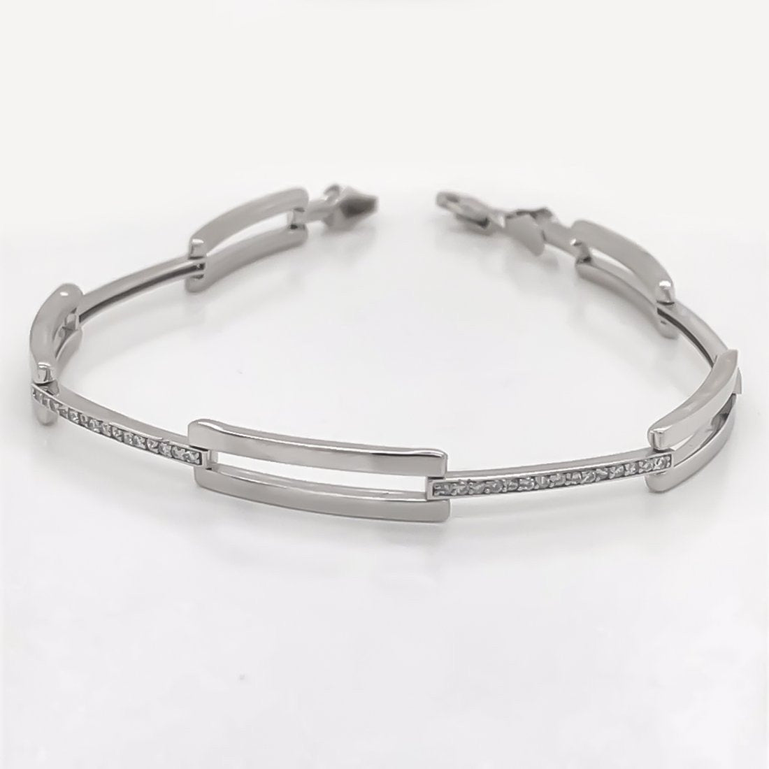Pulsera Oro Blanco 10k, con Placas rectángulos y Zirconias, 19 cm Largo, Ancho 5 mm, Oro 10k - Infiniti Joyas