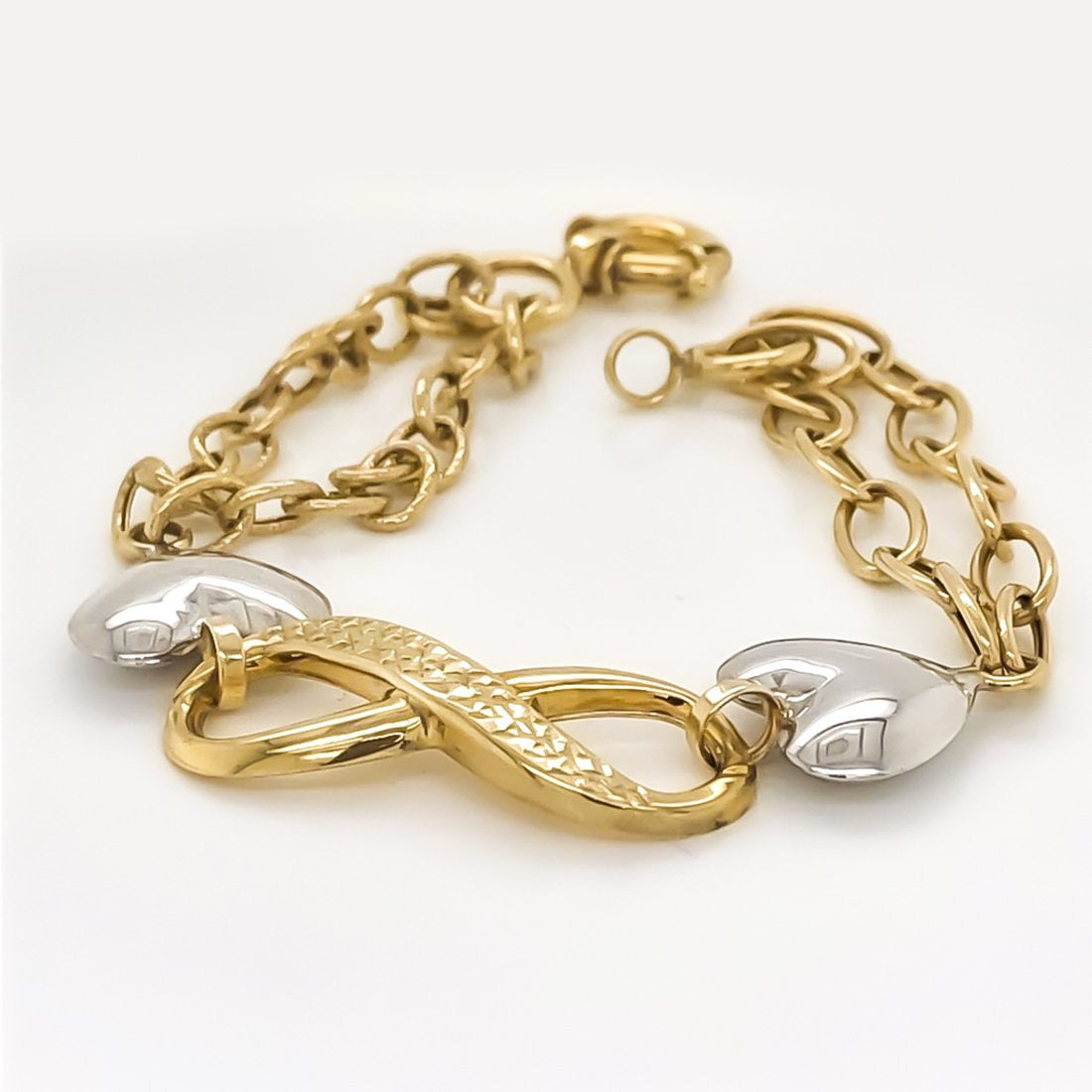 Pulsera Oro 10k, con Infinito y Corazones, Largo 19 cm, Ancho 12 mm, Oro Combinado 10k - Infiniti Joyas