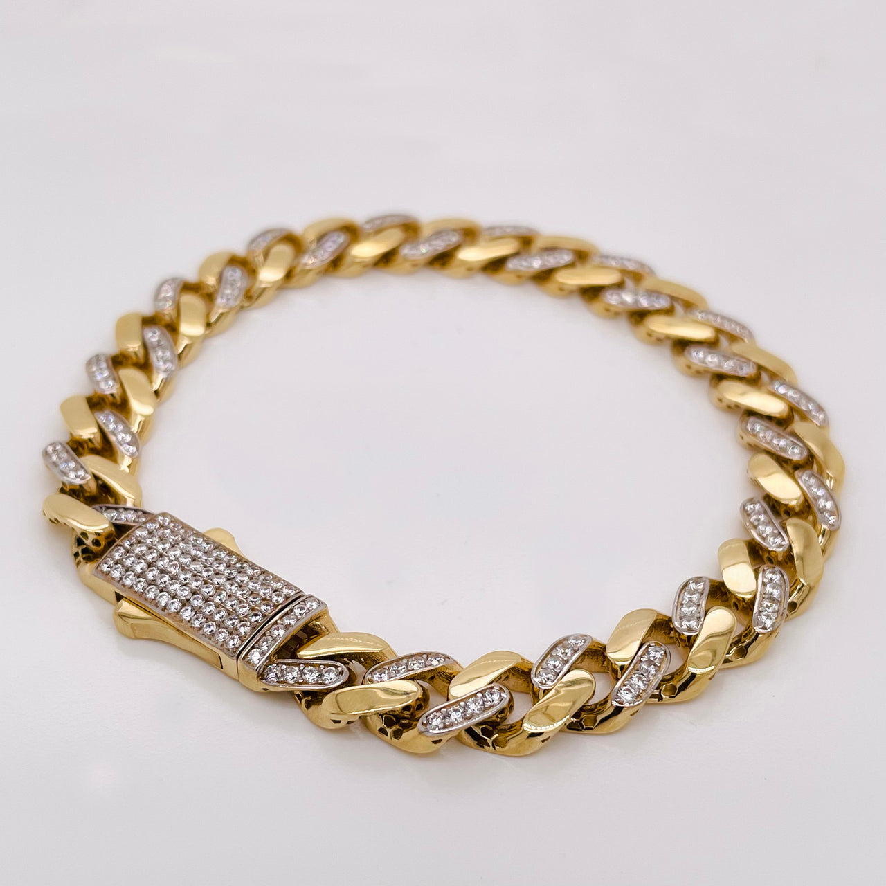 Pulso Oro 14k - Cubano con Zirconias 9.4 mm Ancho, 22 cm Largo