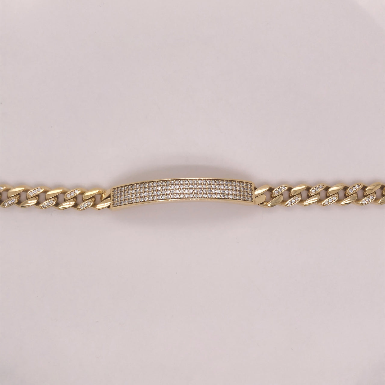 Esclava Oro 10k - Barbada con Placa con Zirconias, 21.5 cm Largo