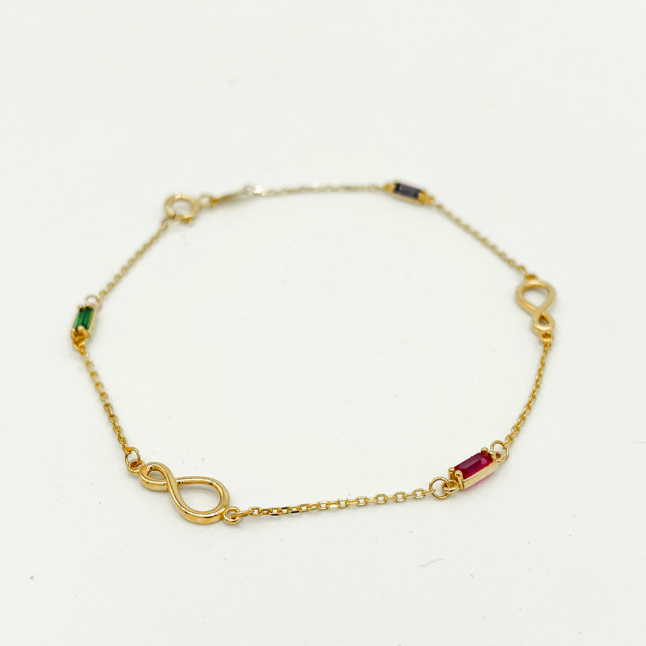 Pulsera Oro 10k - Zirconias de Colores con Infintitos, Largo 18 cm