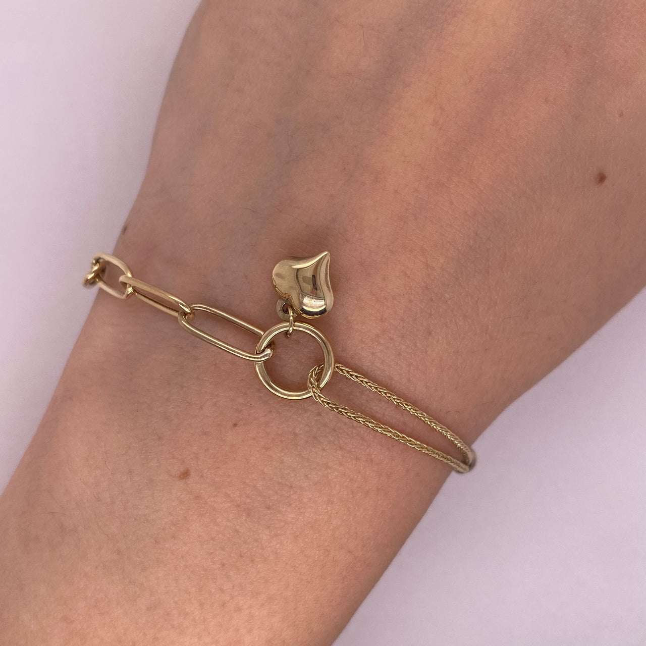 Pulsera Oro 10k - Corazón con Doble Tejido Diferente, 19 cm Largo