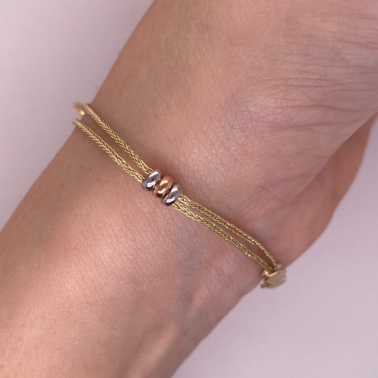 Pulsera Oro 10k - Corazón con Doble Tejido Diferente, 19 cm Largo