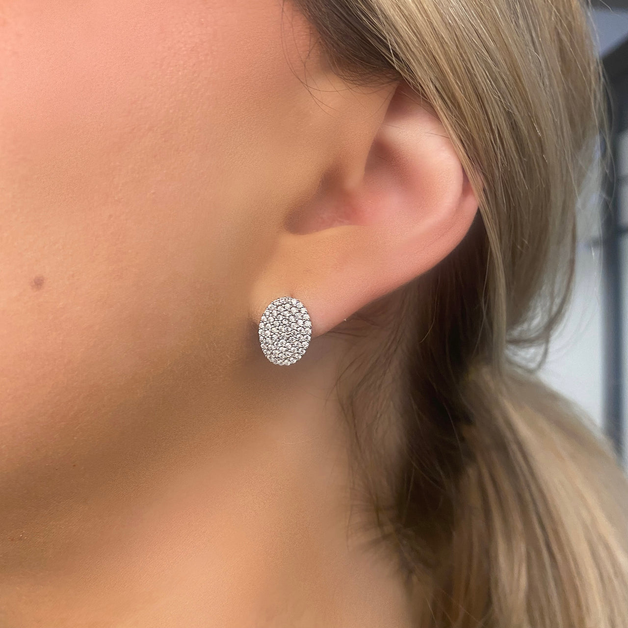 Juego Oro Blanco 10k, Anillo y Aretes Oval Zirconias, Oro 10k