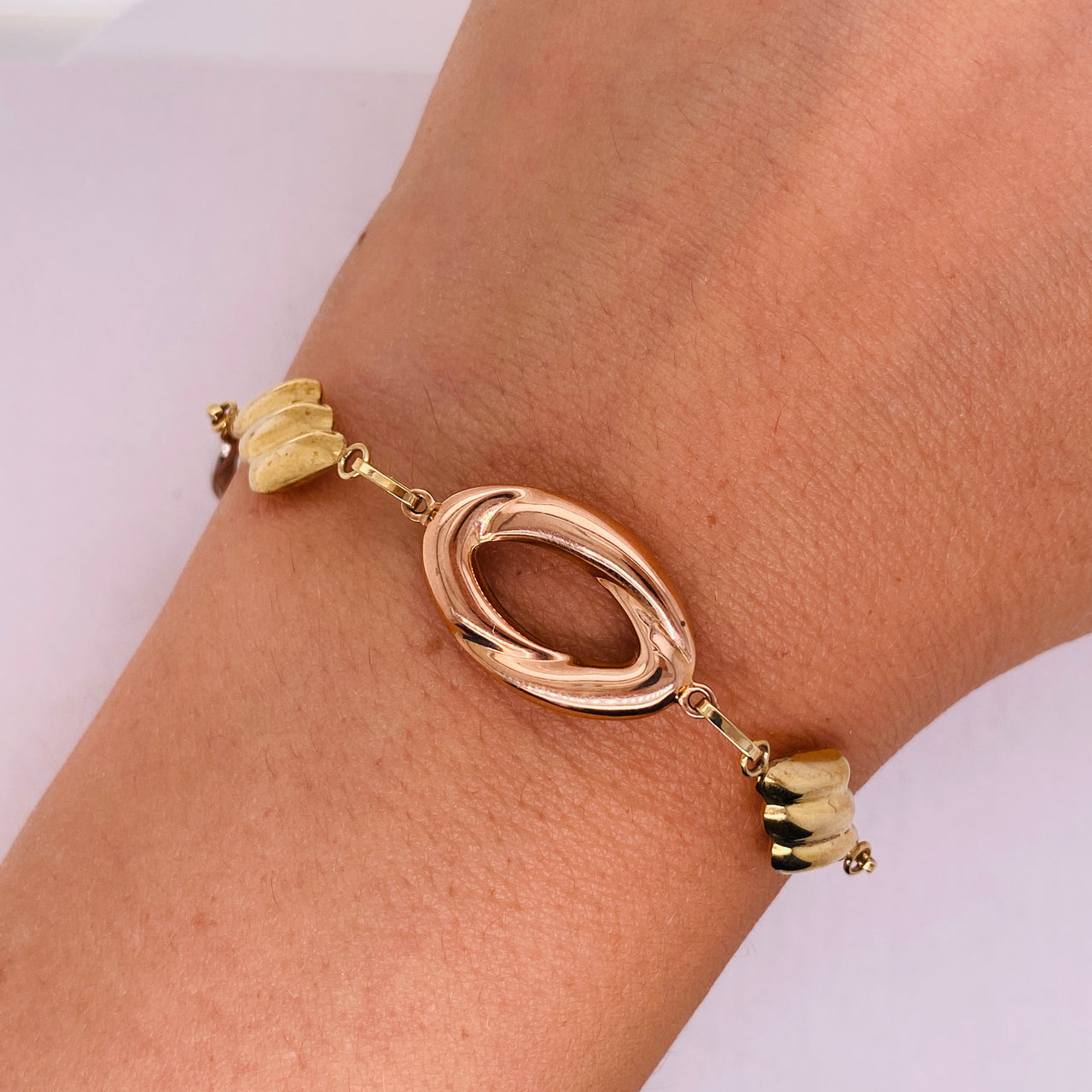 Pulsera Oro Florentino 10k, rombos y Oval, 18.5 cm Largo, Ancho 12 mm