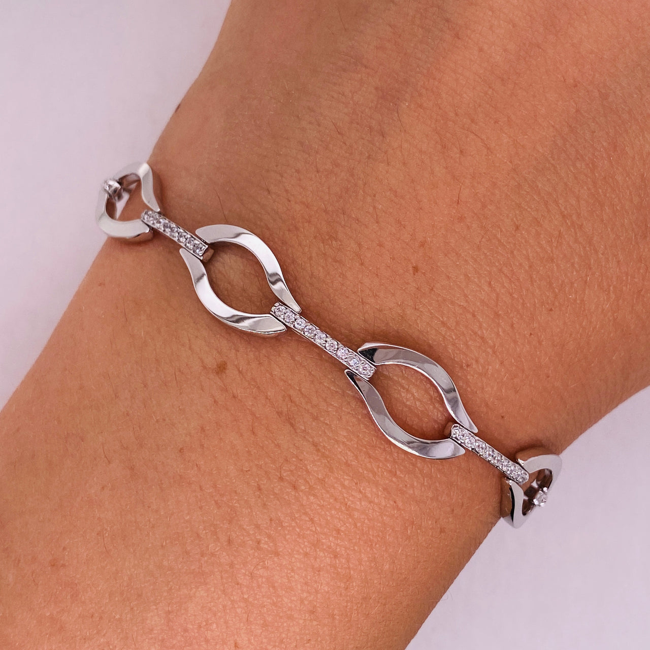 Pulsera Oro 10k, con Placas Oval y Zirconias, 19 cm Largo, Ancho 8 mm, Oro Blanco 10k