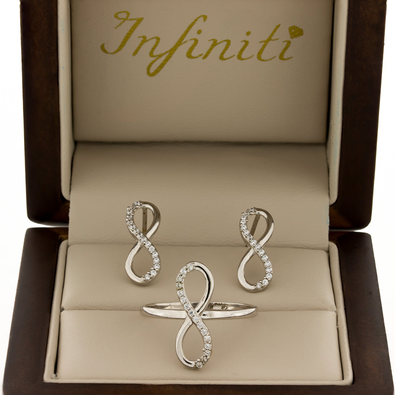 Juego Oro Blanco 10k, Anillo y Aretes Infinito con Zirconias, Oro 10k