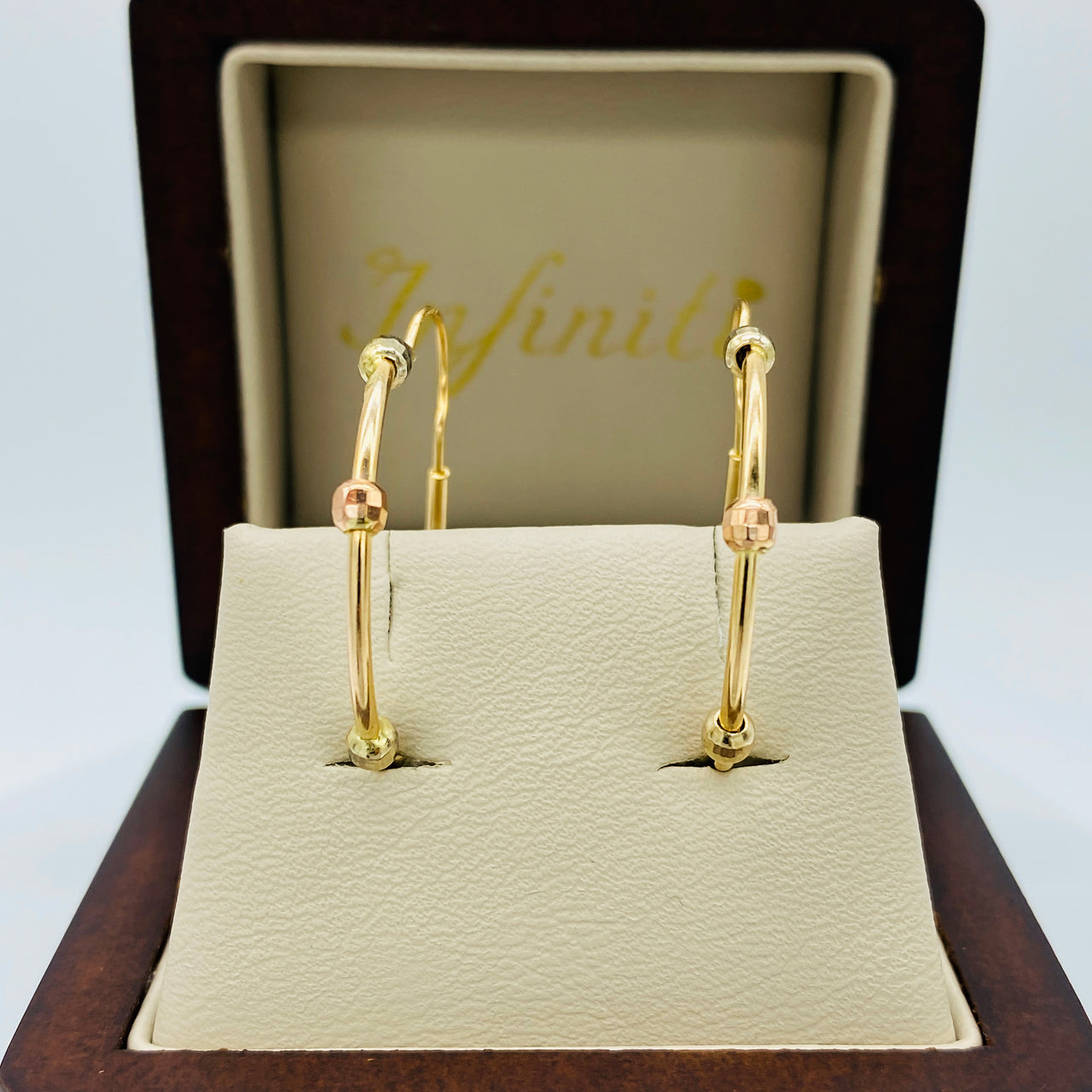 Aretes Oro 10k - Tubo con Bolitas Florentino, 2.5 cm Diámetro