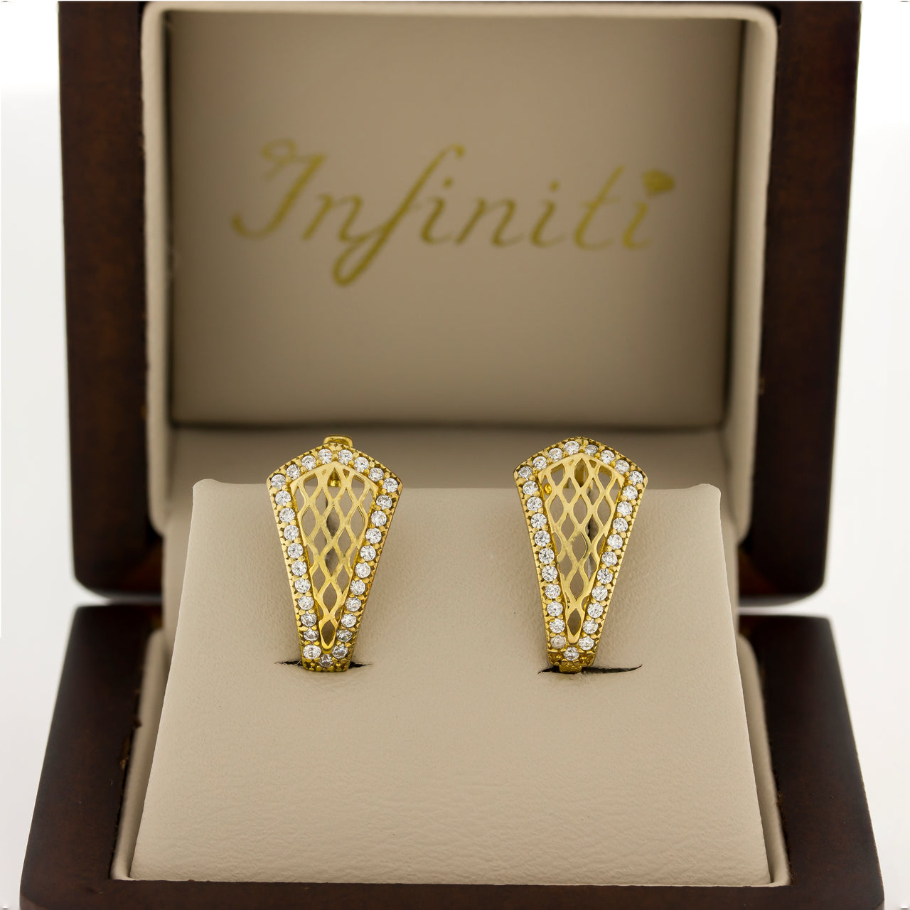 Arete Oro 10k, rombos con Zirconias, 1.7 cm alto, Ancho 9 mm, Oro 10k