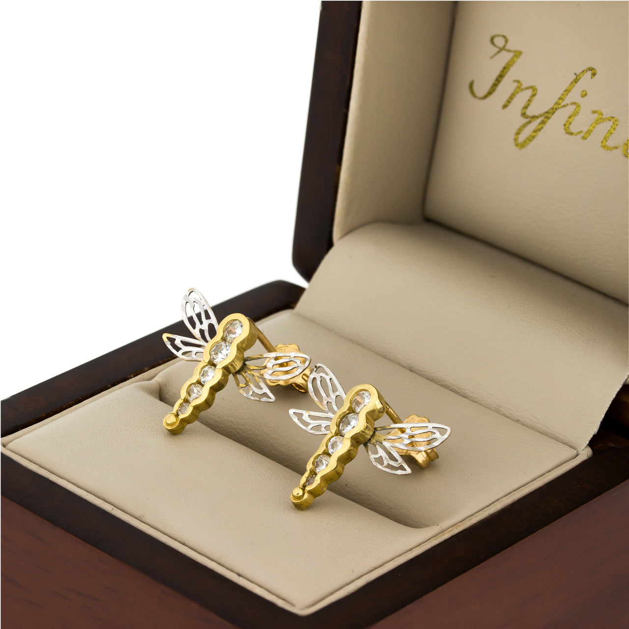 Arete Oro 10k, lí­belula con Zirconias, 1.5 cm alto, Ancho 2 cm, Oro 10k