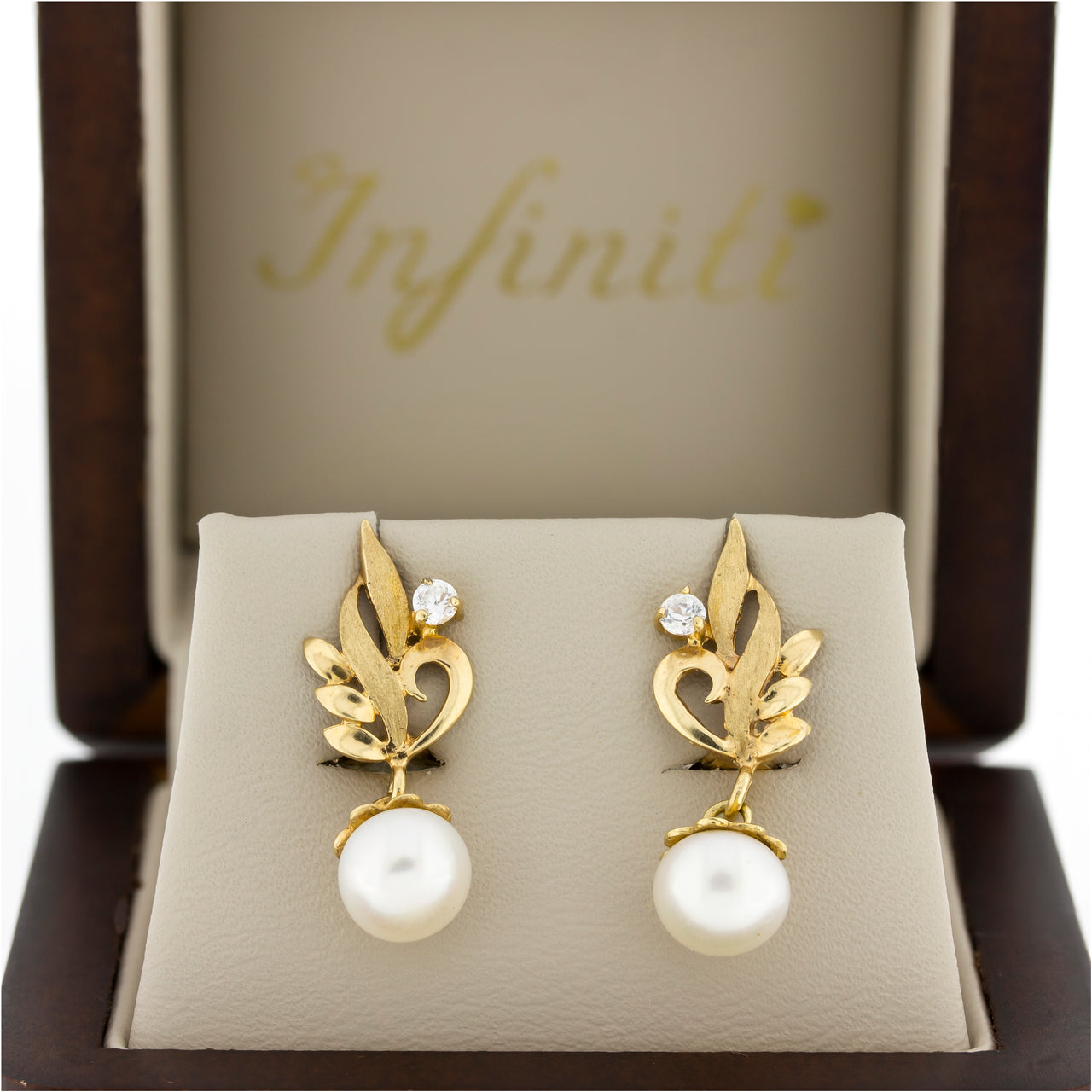 Aretes Oro 10k, hojas con Perla y Zirconia, 2.2 cm alto, Ancho 9 mm, Oro 10k
