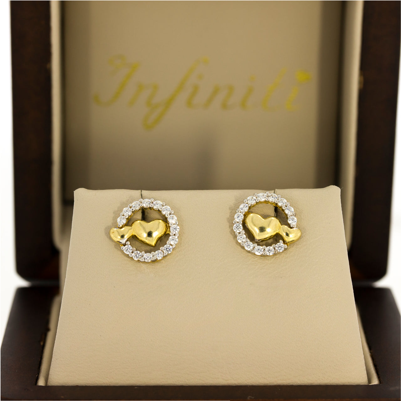 Aretes Oro 10k - Forma de Cí­rculo con Zirconias y Corazones