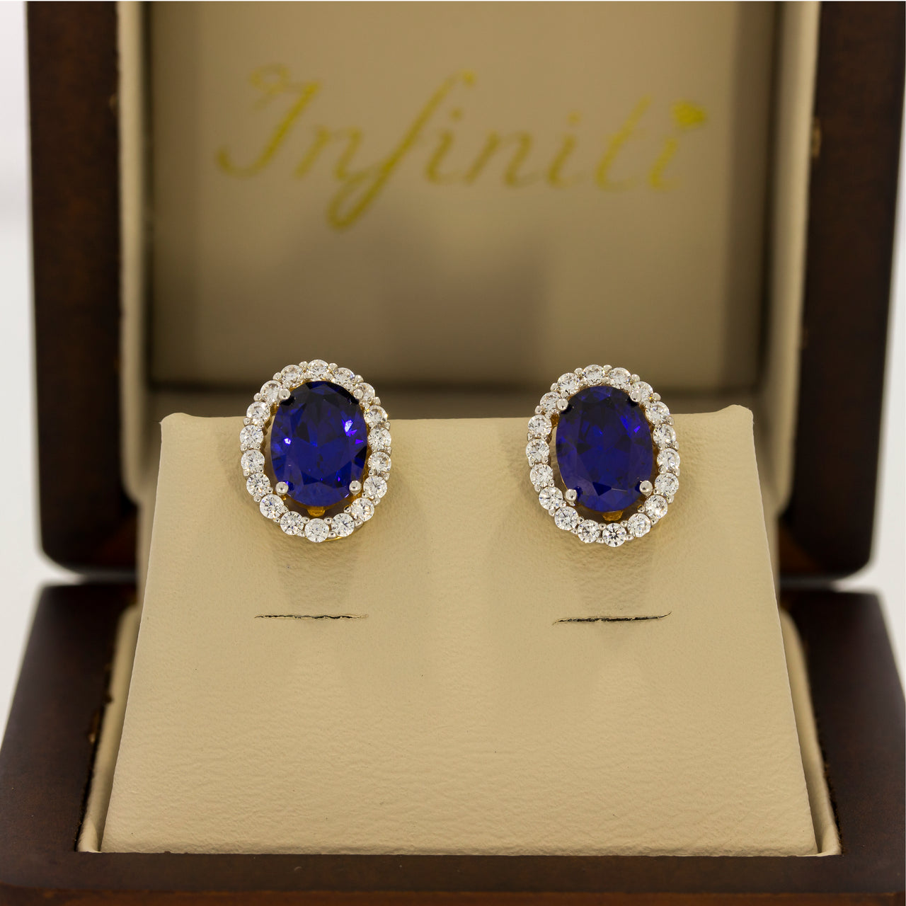 Aretes Oro Amarillo 10k, Halo con Zafiro de Zirconias