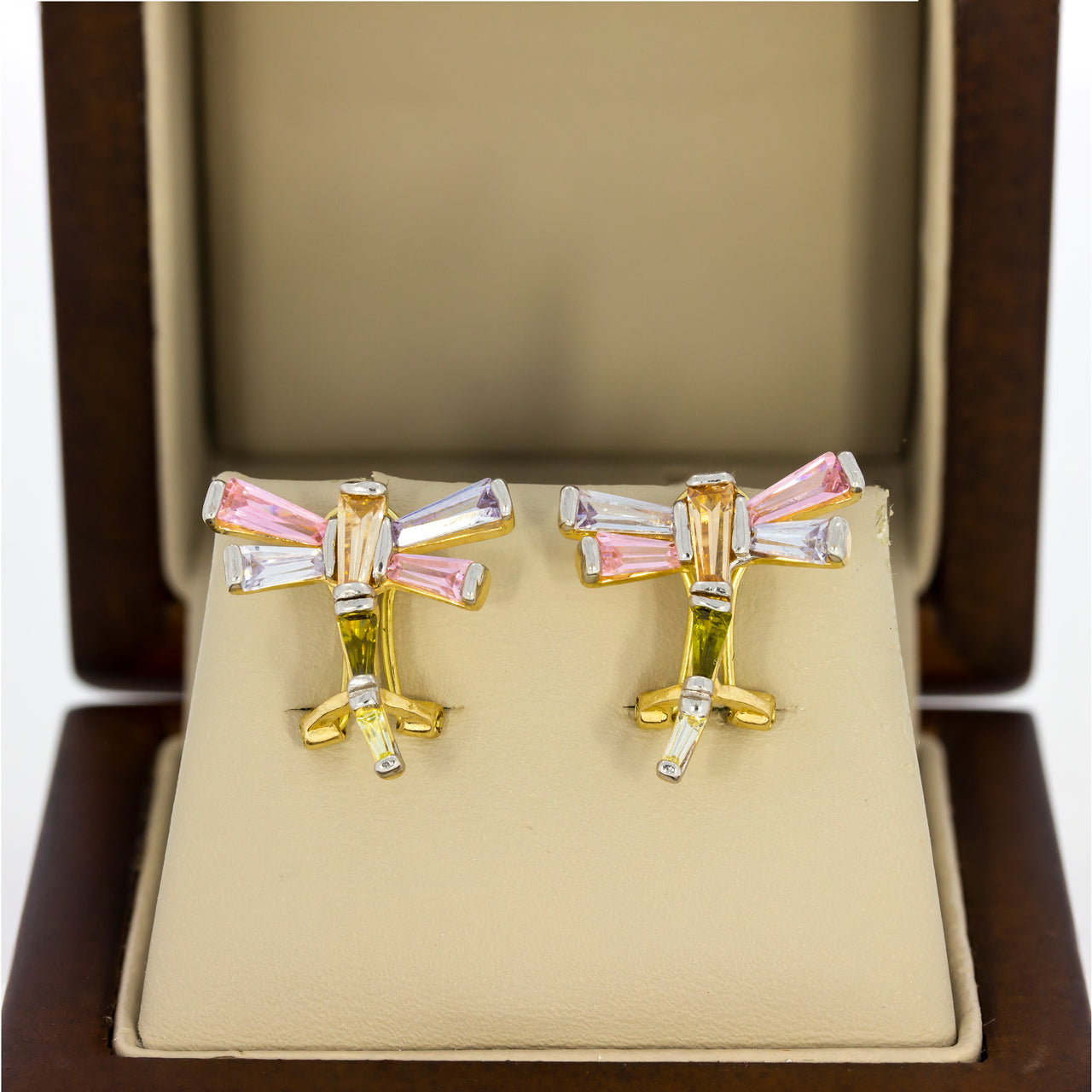 Aretes oro 10k, lbélula con zirconias de colores