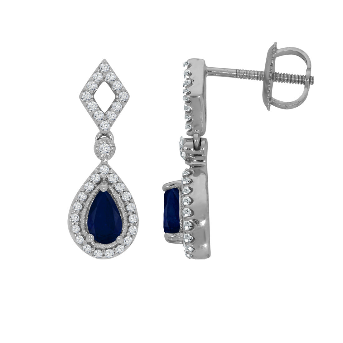 Aretes de Oro Blanco 10k con Zafiro y Diamante Natural Puntos