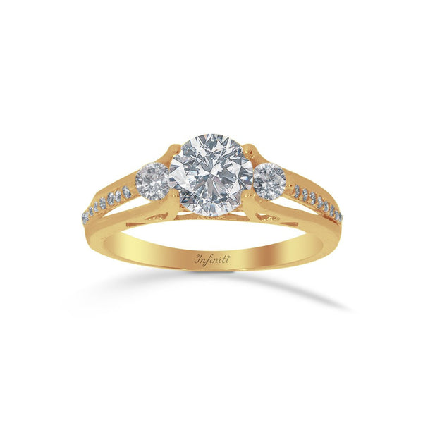 Anillo Oro 14k, Tres Piedras con Zirconia Central 7 mm - Infiniti Joyas