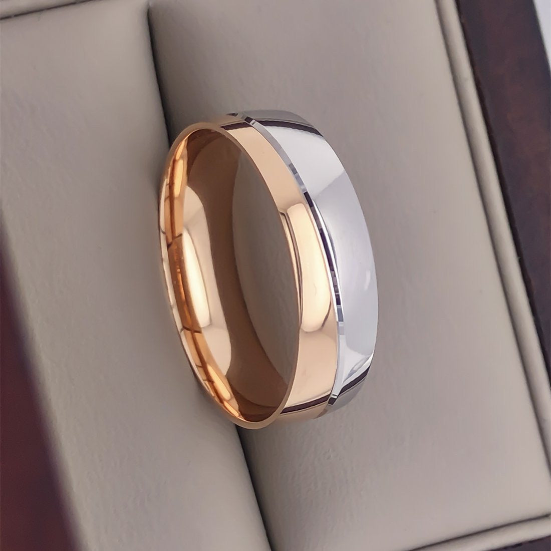 Argolla Oro Rosa con Blanco 14k - Acabado Liso con Confort, Ancho 6 mm - Infiniti Joyas
