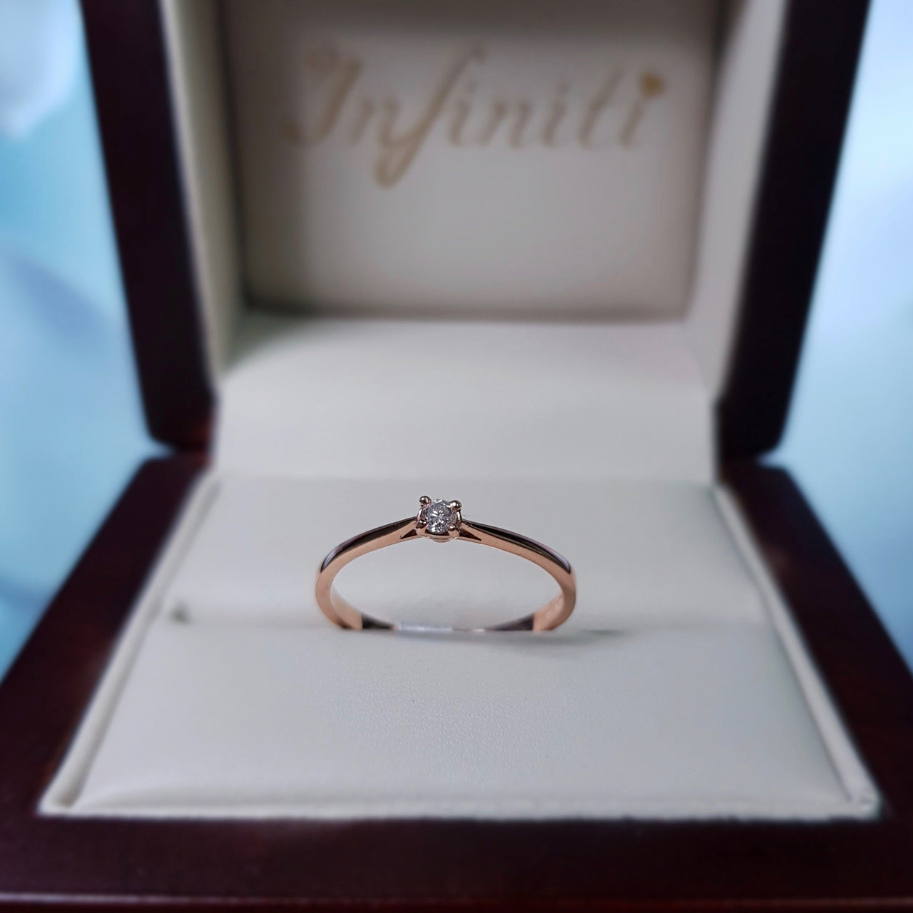 Anillo Solitario Oro Rosa 14k, Diamante de 5 Puntos - Infiniti Joyas
