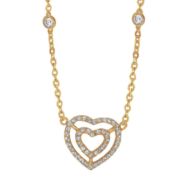 Gargantilla Oro 10k, con Dije Corazón doble con Zirconias, 45 cm Largo - Infiniti Joyas