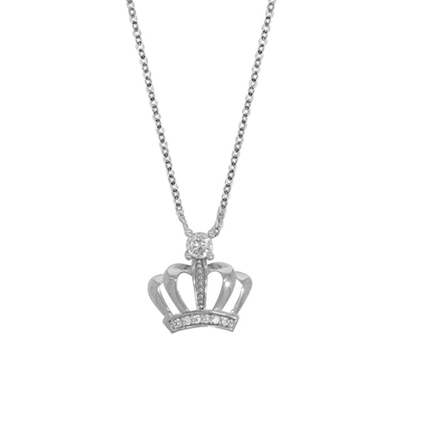 Gargantilla Oro Blanco 10k, con Dije de Corona con Zirconias, 45 cm Largo - Infiniti Joyas