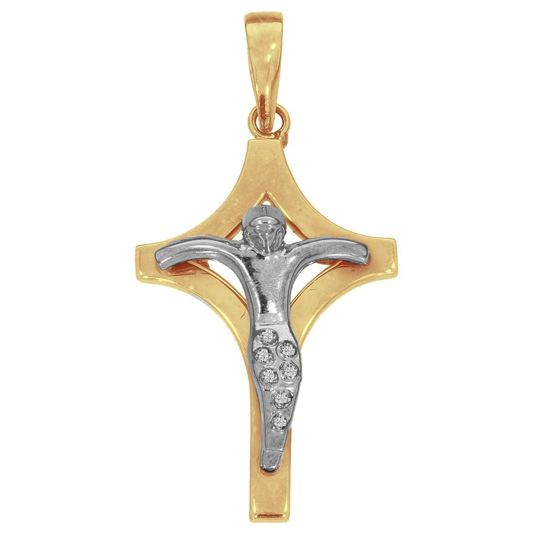 Dije Cruz Oro 10k, con Cristo y Zirconias, 4.4 cm de alto, Largo 2.2 cm, Oro 10k - Infiniti Joyas