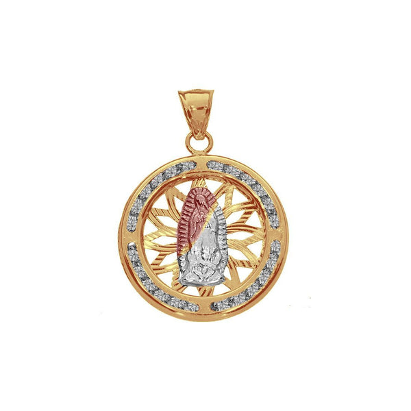 Dije Oro 10k, Virgen de Guadalupe con Zirconias, 2.5 alto, Largo 1.7 cm, Oro Florentino 10k - Infiniti Joyas